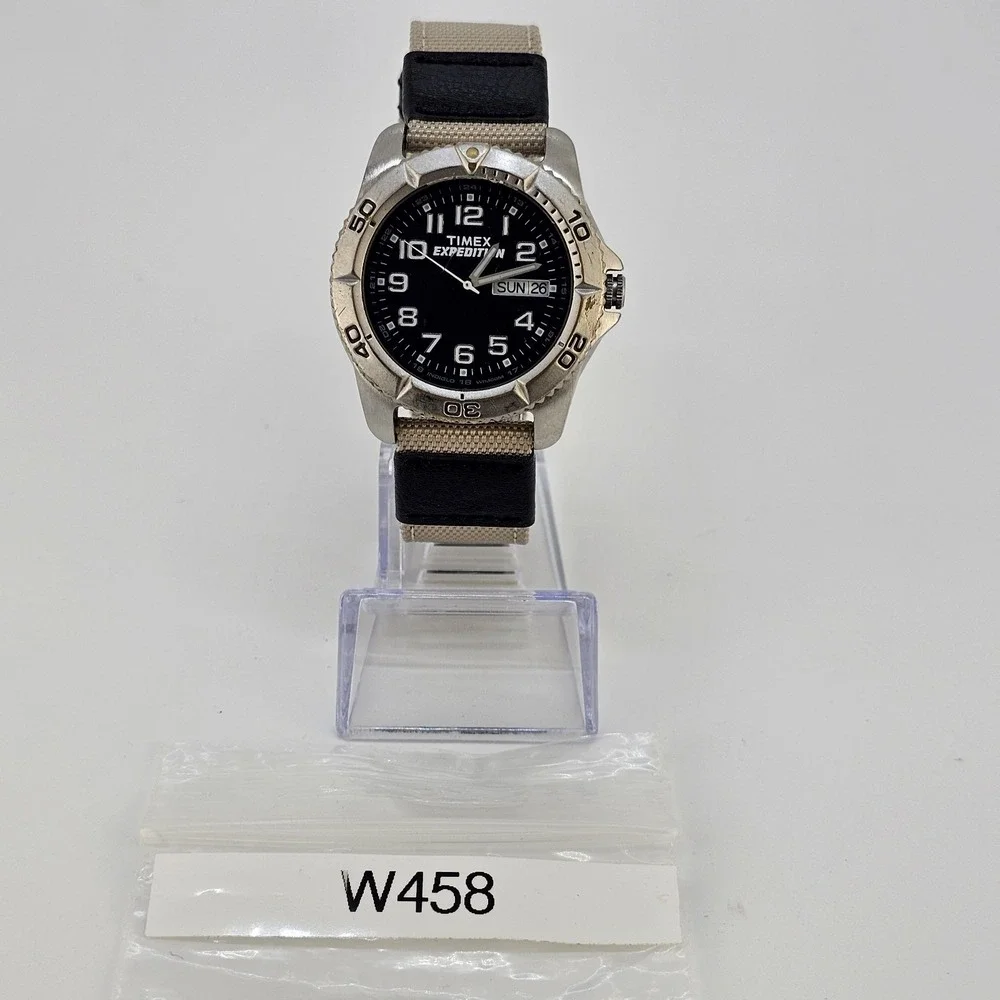 Timex Expedition Men Watch 40MM Black DayDate Dial NEW Tan Nylon Bands Battery
